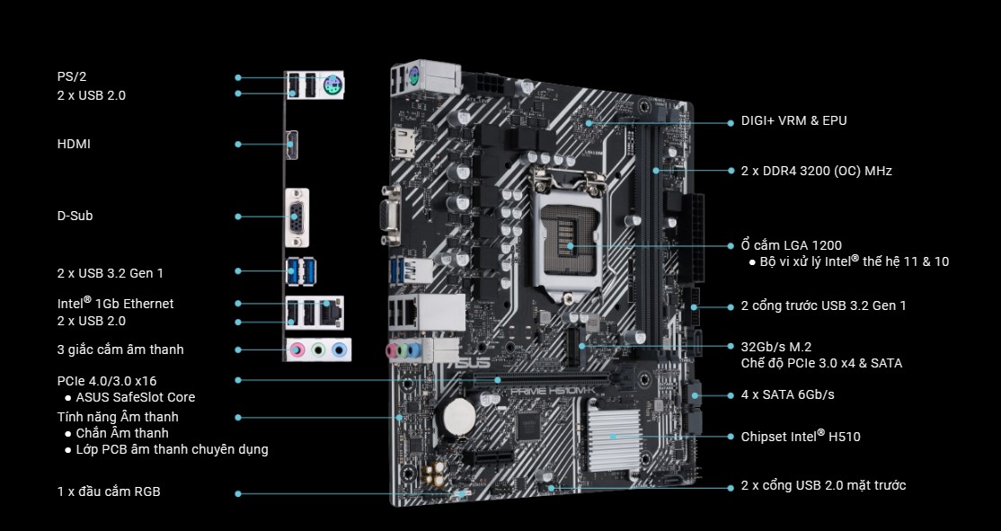 Mainboard ASUS PRIME H510M-K (Intel H510, Socket 1200, m-ATX, 2 khe Ram DDR4