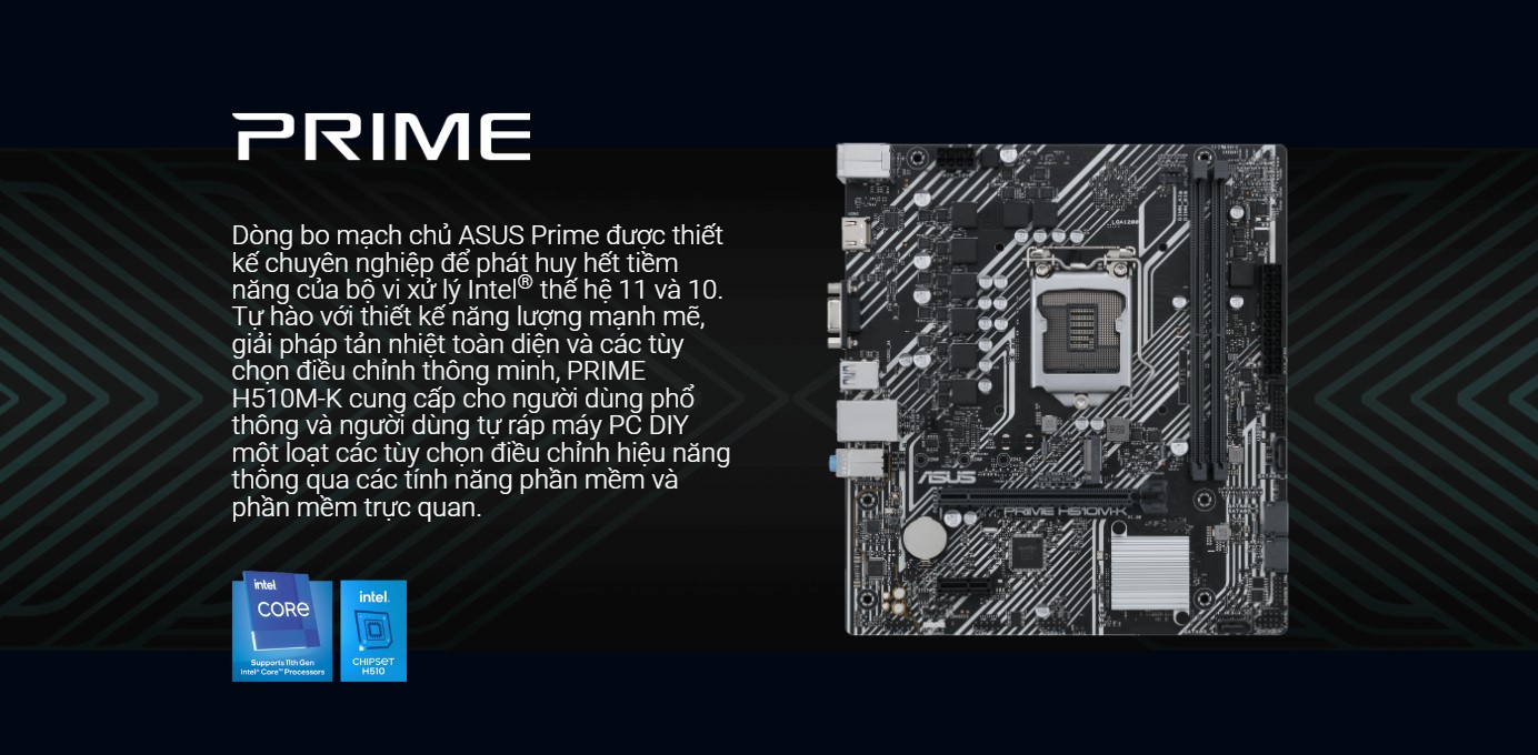 Mainboard ASUS PRIME H510M-K (Intel H510, Socket 1200, m-ATX, 2 khe Ram DDR4